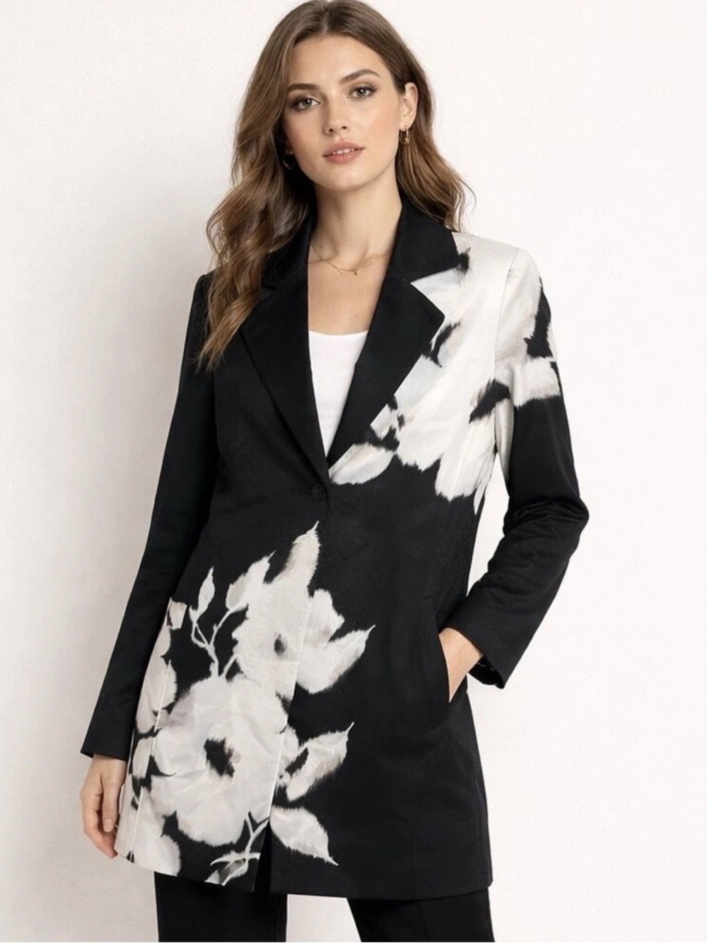 Chico’s Floral Longline Single Button Large Floral Coat Size Medium
